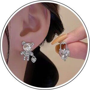 Silver asymmetric bear and heart cubic zirconia stud earrings for women, lightwe